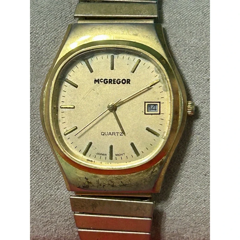 Vintage McGregor Japan Quartz Watch Men Gold Tone Date Stretchable New Battery